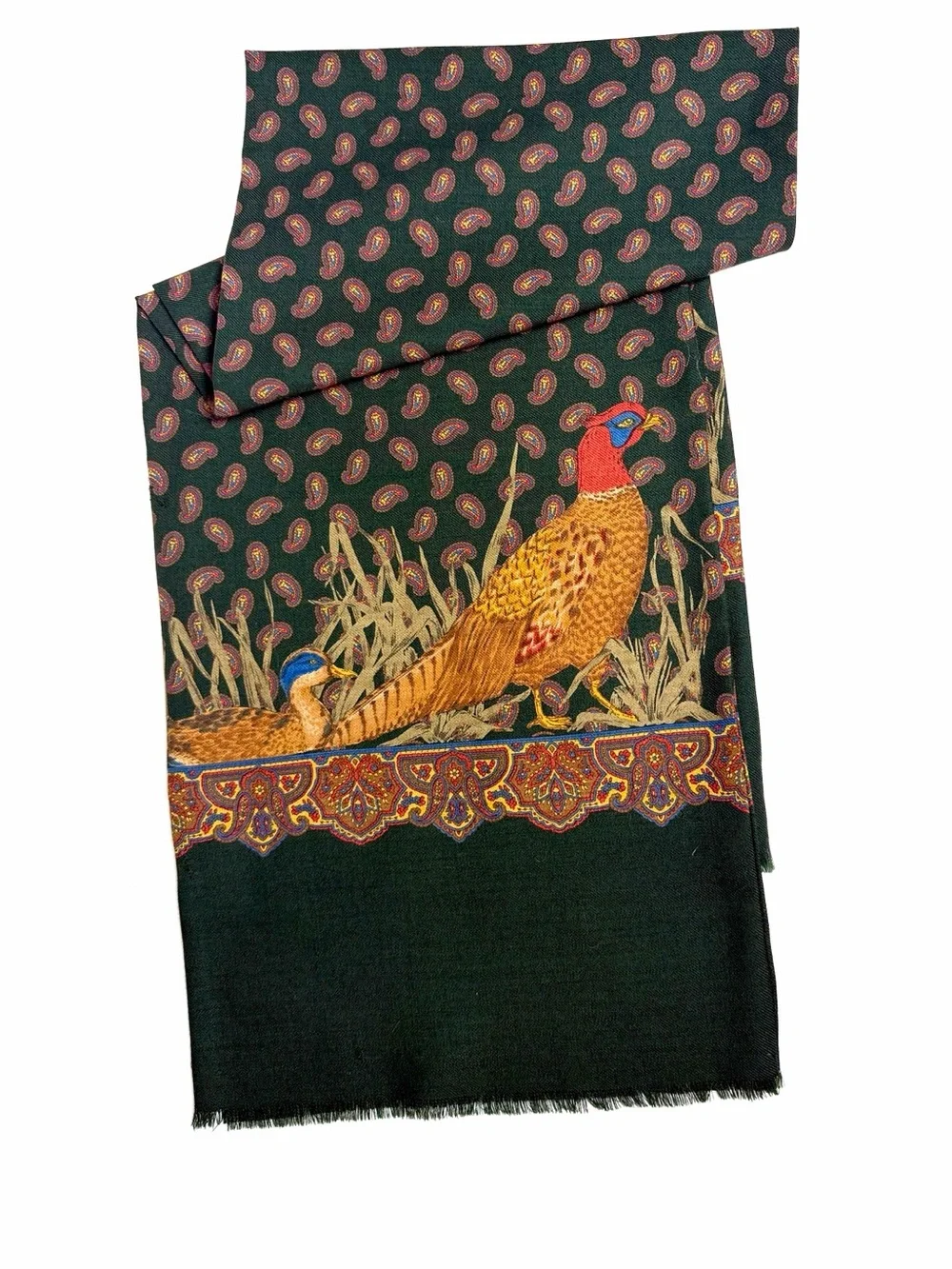 Men's Double Layer Scarf Green Pheasant Duck Paisley Wool  11x53